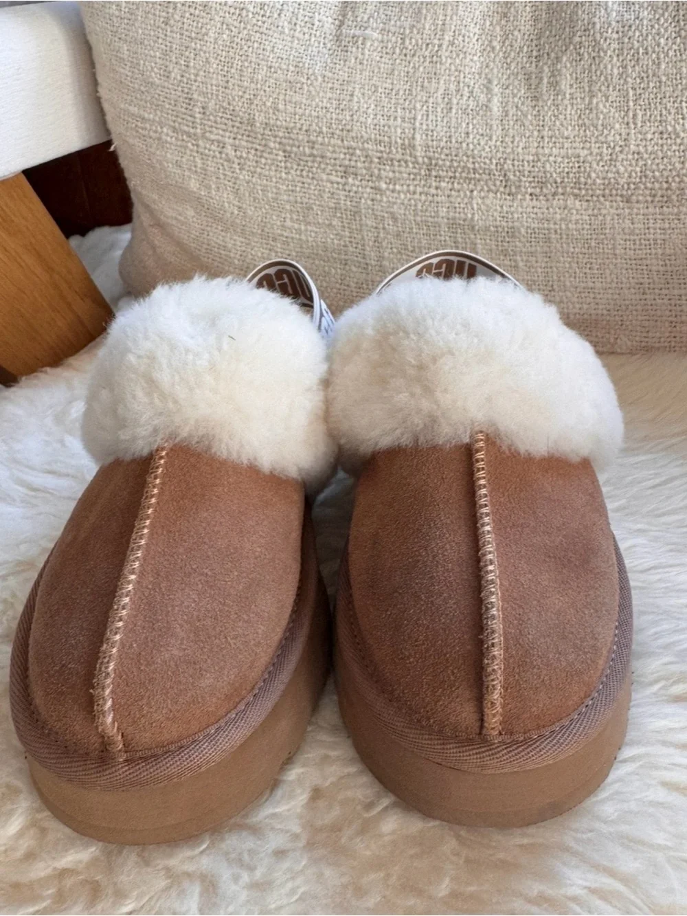 UGG Kids Funkette Chestnut Brown Suede Shearling Slide with Cream Fur